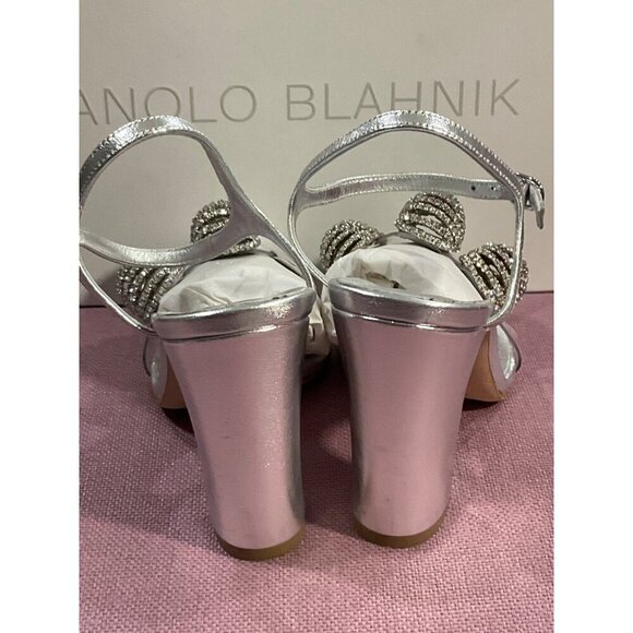 Manolo Blahnik Elhob 105 Leather Sandal in Silver 36.5 with Box Womens High Heel - Picture 8 of 15